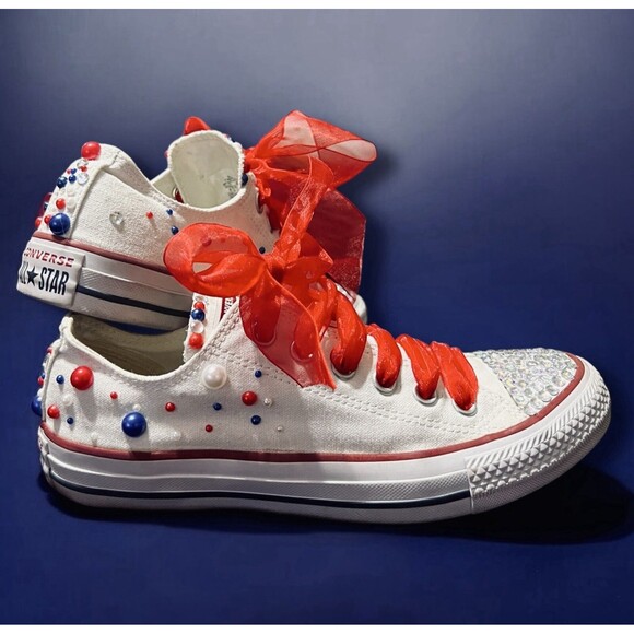 Converse Chuck Taylor Custom Bedazzled Patriotic Red White Blue USA M5 W7 - Picture 3 of 12